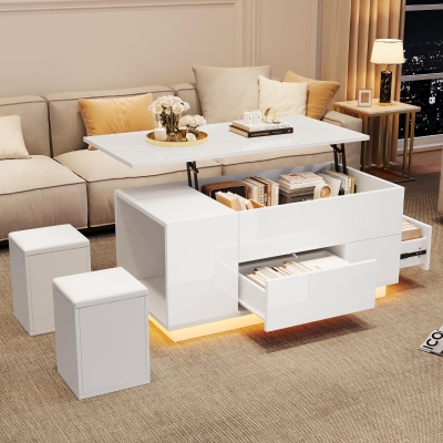 Lift-Top Coffee Table with App-Controlled LED and Soft-Close Drawers, 100L x 50W x 45H cm, White