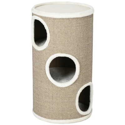 PawHut Căsuță pentru Pisici cu 3 Niveluri, cu Sisal pentru Zgâriat și Pluș, Ø38x70cm, Maro