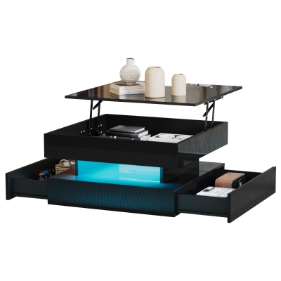 Lift-Up Coffee Table with App-Controlled LED Light Strip and Hidden Storage, 65L x 65W x 38.5H cm, Black