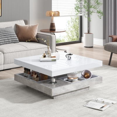 360° Rotating Square Coffee Table with Concealed Storage Compartments, 70L x 70W x 36H cm, White