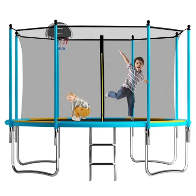 Outdoor Trampoline with Basketball Hoop and Safety Net, 366L x 366W x 76H cm, Blue+Orange