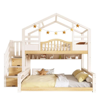 House-Shaped Bunk Bed with Staircase Storage, 244L x 140W x 206H cm, White+Natural