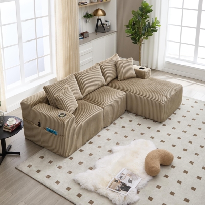 Modular L-Shaped Sectional Sofa with Deep Seat, 257L x 160W x 80H cm, Khaki