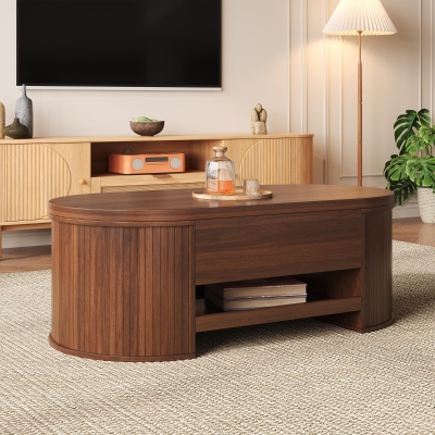 Lift-Top Coffee Table with Wooden Sides and Extendable Lower Shelf, 110L x 55.5W x 40H cm, Wood