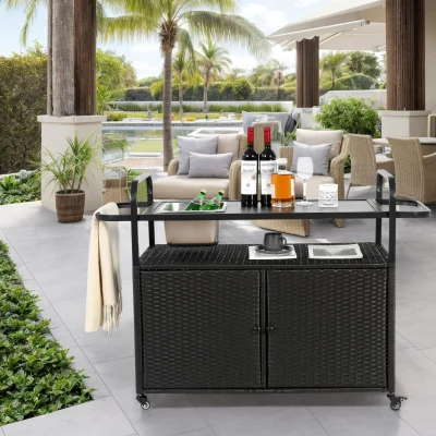 Carrito de bar para exterior con depósito para hielo, ruedas bloqueables, para jardín, zona de piscina y patio trasero, 131x50x91 cm, Negro
