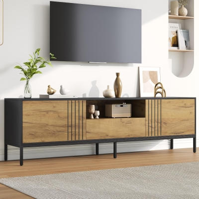 Low-Profile Nordic TV Cabinet with 2 cabinets and Open Shelves, 170L x 35W x 50H cm, Natural