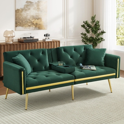 Two-Seater Convertible Sofa Bed with 3-Level Adjustable Backrest, 174L x 76W x 71.5H cm, Green