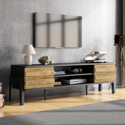 Low-Profile TV Cabinet with Soft-Close Hinges and Adjustable Shelves, Stylish TV Stand with 2 Cabinets, 175L x 39.5W x 53H cm, Natural
