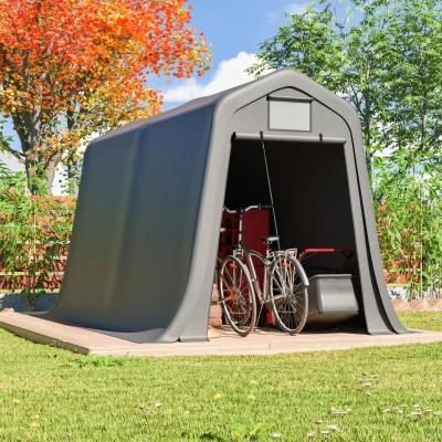 Cobertizo para herramientas con techo a dos aguas, puerta enrollable, 213x366x225 cm, Gris oscuro