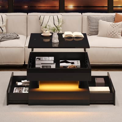 Lift-Up Coffee Table with App-Controlled LED Light Strip and Hidden Storage, 65L x 65W x 38.5H cm, Black