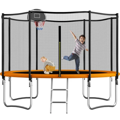 Outdoor Trampoline with Basketball Hoop and Safety Net, 366L x 366W x 76H cm, Orange