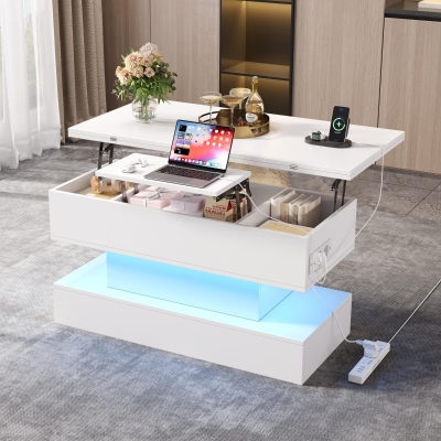 Multifunctional White Coffee Table with Integral Power Outlet, 100L x 50W x 51.5H cm, White