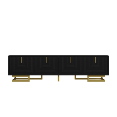 TV Cabinet with Textured Doors Metallic Handles and Sturdy Metal Legs, 160L x 38W x 44.5H cm, Black