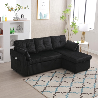 Stylish Sectional Sleeper Sofa with Reversible Storage Chaise, 206L x 130W x 88H cm, Black