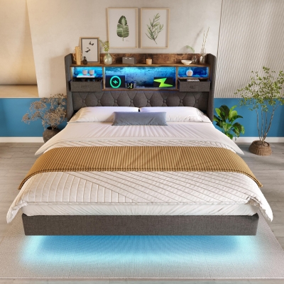 Upholstered Double Floating Bed with LED Mood Lighting, 202L x 142W x 114H cm, Grey