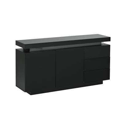 High Gloss Sideboard with LED Lights and Noiseless Hydraulic Hinges, 140L x 35W x 72.5H cm, Black