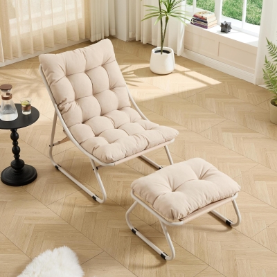 Sillón lounge de exterior con otomana, cojín acolchado, tejido sling, estructura de acero, Beige