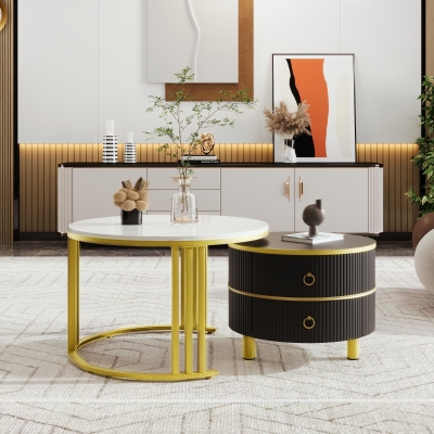 2-In-1 Round Coffee Table Set with High-Gloss Tops, 70L x 70W x 46H cm, White+Black