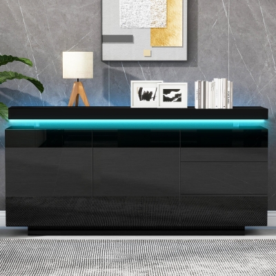 High Gloss Sideboard with LED Lights and Noiseless Hydraulic Hinges, 140L x 35W x 72.5H cm, Black