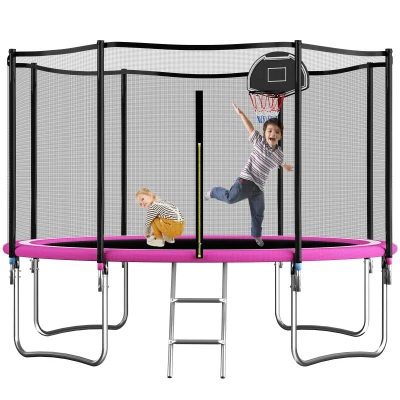 Outdoor Trampoline with Basketball Hoop and Safety Net, 366L x 366W x 76H cm, Pink