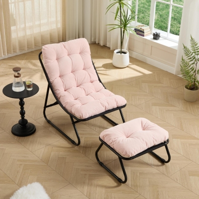 Poltrona lounge de exterior com puff, almofada acolchoada, tecido sling, estrutura em aço, Rosa