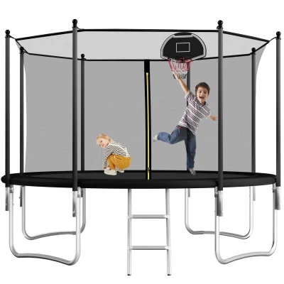 Outdoor Trampoline with Basketball Hoop and Safety Net, 366L x 366W x 76H cm, Black
