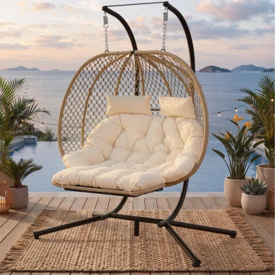 Cadeira suspensa em forma de ovo com suporte, cadeira de baloiço com apoio de pés regulável, cadeira suspensa de jardim com almofada de assento & almofado, 140x94x197 cm, Bege