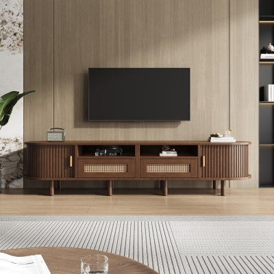 Rattan TV Stand with Sliding Doors and 8 Solid Wood Legs, 170L x 40W x 40H cm, Oak
