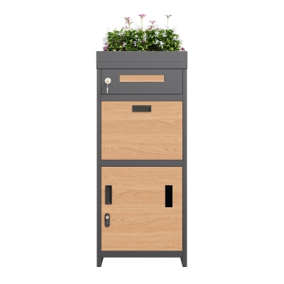 Parcel Mailbox with Integrated Planter and Letter Storage, 50L x 37W x 118.5H cm, Grey+Wood