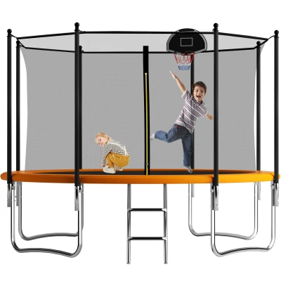 Outdoor Trampoline with Basketball Hoop and Safety Net, 366L x 366W x 76H cm, Orange
