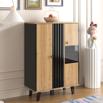 Display Cabinet with LED Lighting and Decorative Glass Doors, 80L x 120W x 40H cm, Black+Wood