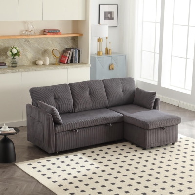 Stylish Sectional Sleeper Sofa with Reversible Storage Chaise, 206L x 130W x 88H cm, Charcoal Grey