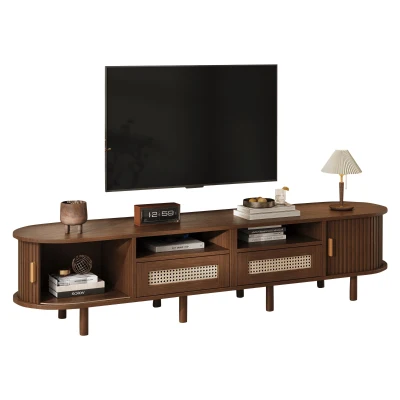 Rattan TV Stand with Sliding Doors and 8 Solid Wood Legs, 170L x 40W x 40H cm, Oak