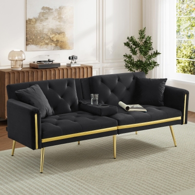 Two-Seater Convertible Sofa Bed with 3-Level Adjustable Backrest, 174L x 76W x 71.5H cm, Black