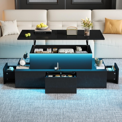 Lift-Top Coffee Table with 4 Drawers and Hidden Storage, 100L x 50W x 40H cm, Black