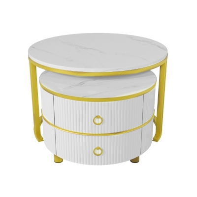 2-In-1 Round Coffee Table Set with High-Gloss Tops, 70L x 70W x 46H cm, White