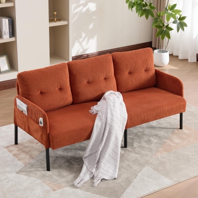 Oversized Two-Seater Corduroy Sofa with Ergonomic Curves, 171L x 72W x 80H cm, Orange