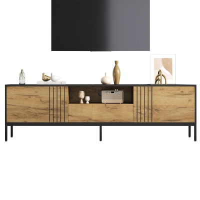 Low-Profile Nordic TV Cabinet with 2 cabinets and Open Shelves, 170L x 35W x 50H cm, Natural