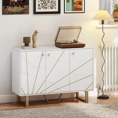 HOMCOM Móvel de Arrumação Buffet para Sala com 2 Armários 3 Portas e Prateleira Ajustável Pés em Metal Aspeto Mármore Branco
