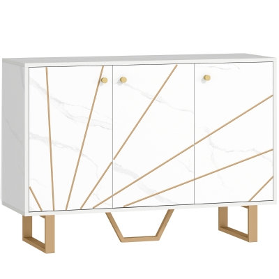 HOMCOM Móvel de Arrumação Buffet para Sala com 2 Armários 3 Portas e Prateleira Ajustável Pés em Metal Aspeto Mármore Branco