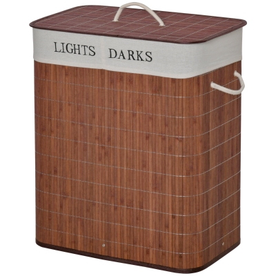 HOMCOM Panier à linge 100L avec 2 bacs bambou pliable couvercle poignée avec Sac amovible et lavable marron
