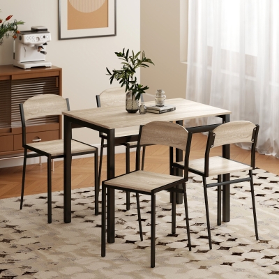 HOMCOM Conjunto de Mesa y 4 Sillas de Comedor para 4 Personas, Estilo Moderno con Estructura Metálica, Roble y Negro