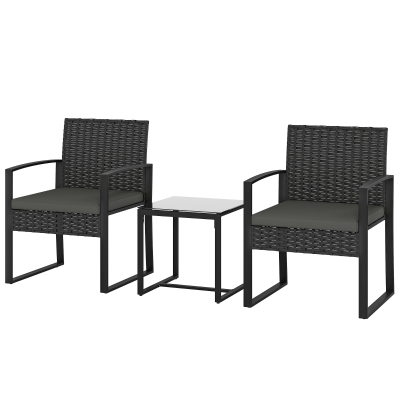 Outsunny Set Bistro Rotin 3 Pièces avec Coussins Gris Foncé