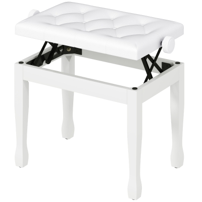HOMCOM Banc de Piano Réglable Bois Massif Rembourré Blanc