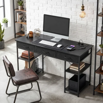 HOMCOM Schreibtisch mit Stauraum mit Steckdosen, 3 Stoffschubladen und 4 Ablagefächern, 120 x 40 x 76 cm, schwarz