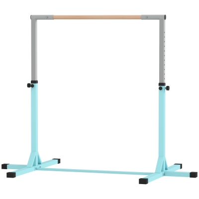 HOMCOM Barre Gymnastique Enfant Réglable Acier Bois Hêtre Cyan