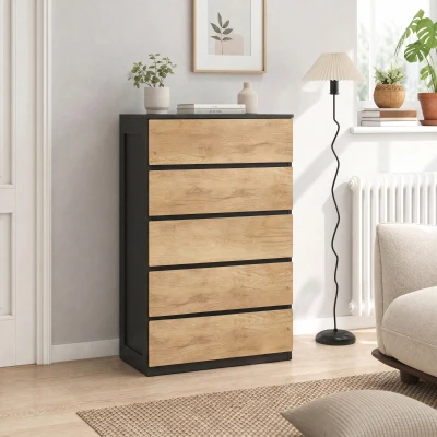 HOMCOM Cassettiera a 5 Cassetti, Nero e Rovere