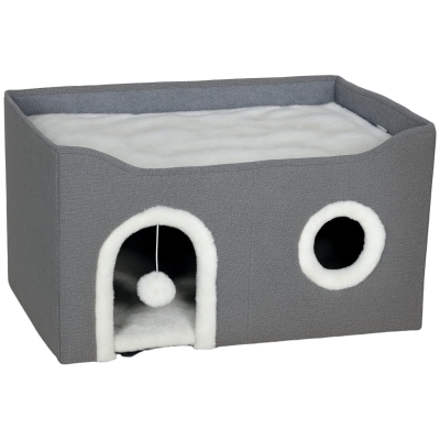 PawHut Maison Chat Pliable Griffoir 3 Entrées Coussin Gris 60cm