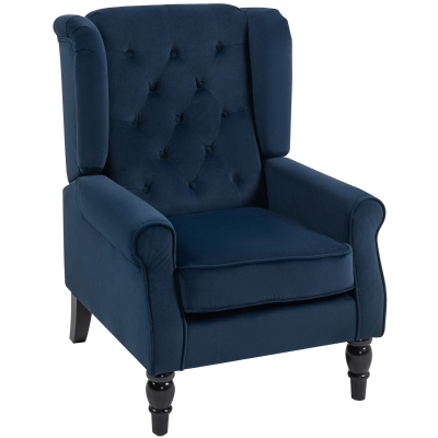 HOMCOM Fauteuil de salon capitonné avec assise large, pieds en bois, style classique, grand confort, 74x86x102cm, bleu foncé