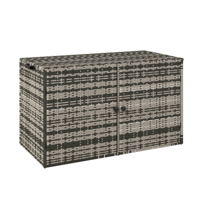 Outsunny Rattan Opbergbox 350L – Weerbestendige Kussenbox met Deksel, Gasveren en Handgrepen, UV-bestendig – Tuinbox voor Tuin, Terras of Balkon, 118x57x69 cm, Gemêleerd Grijs